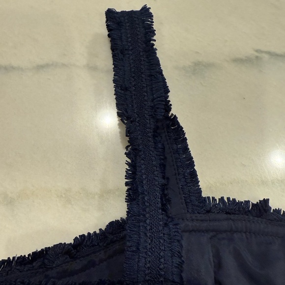 Trina Turk Dress Size 6 Navy Blue Textured Floral Embroidered Fringe Trim - Picture 3 of 14